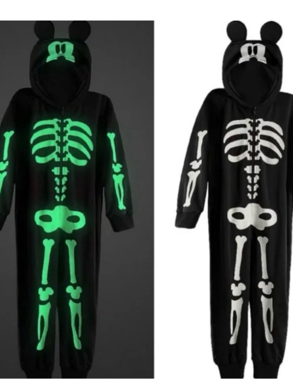 Disney Mickey Mouse Skeleton Hooded Onesie Costume glow in the dark size 9/10